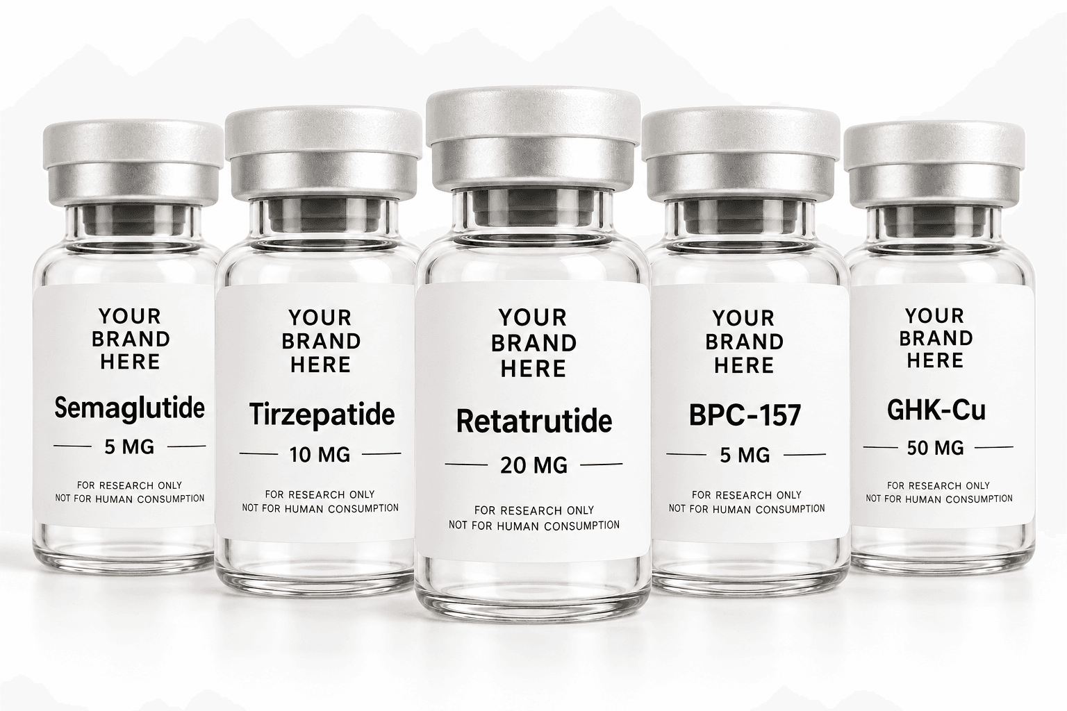 Five sample research vials: Semaglutide, Tirzepatide, Retatrutide, BPC-157, and GHK-Cu, with YOUR BRAND HERE labels